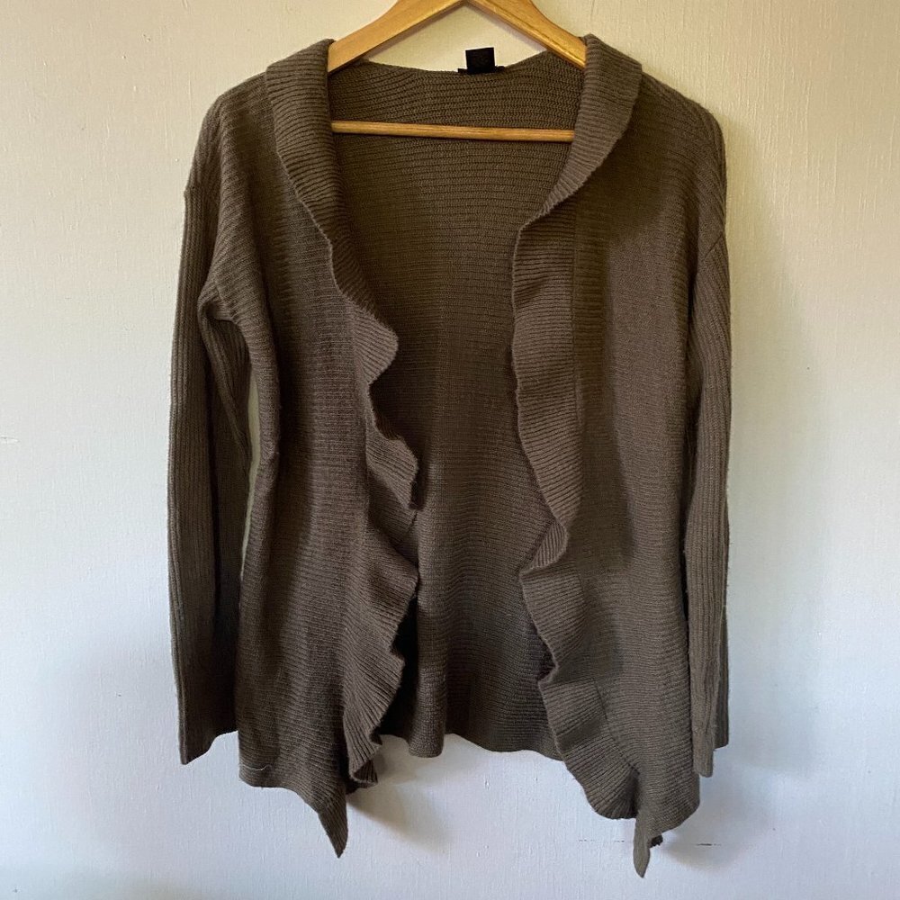 Ann Taylor Factory Cardigan Womens XS Green‎ Open Ruffle Front Quiet Luxury